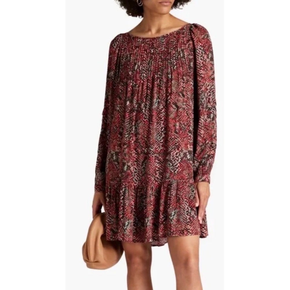Nicholas Red Snakeskin Print Long Sleeve Mini Dress Pleated‎ Drop Waist